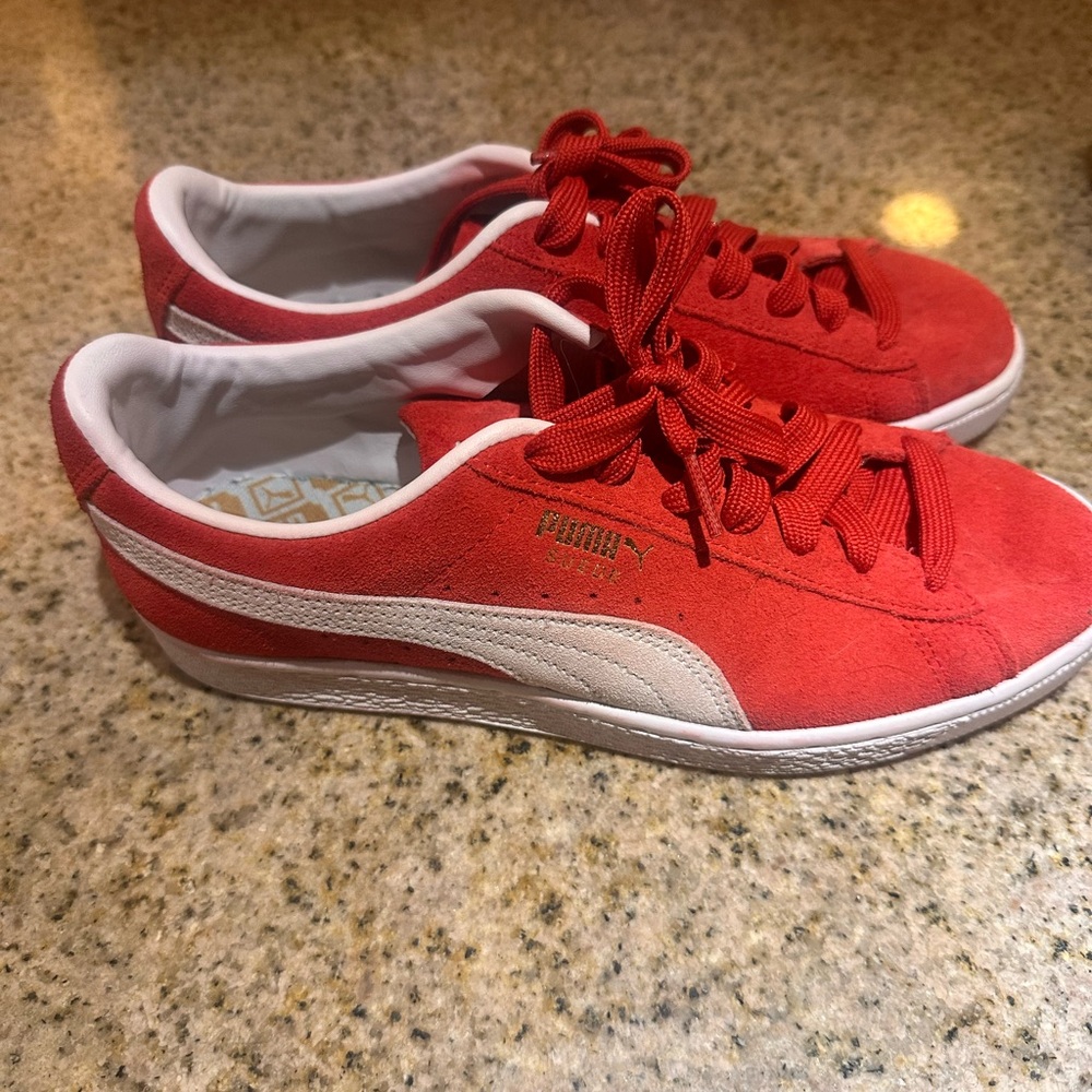 Puma Red and White Suede Sneakers
